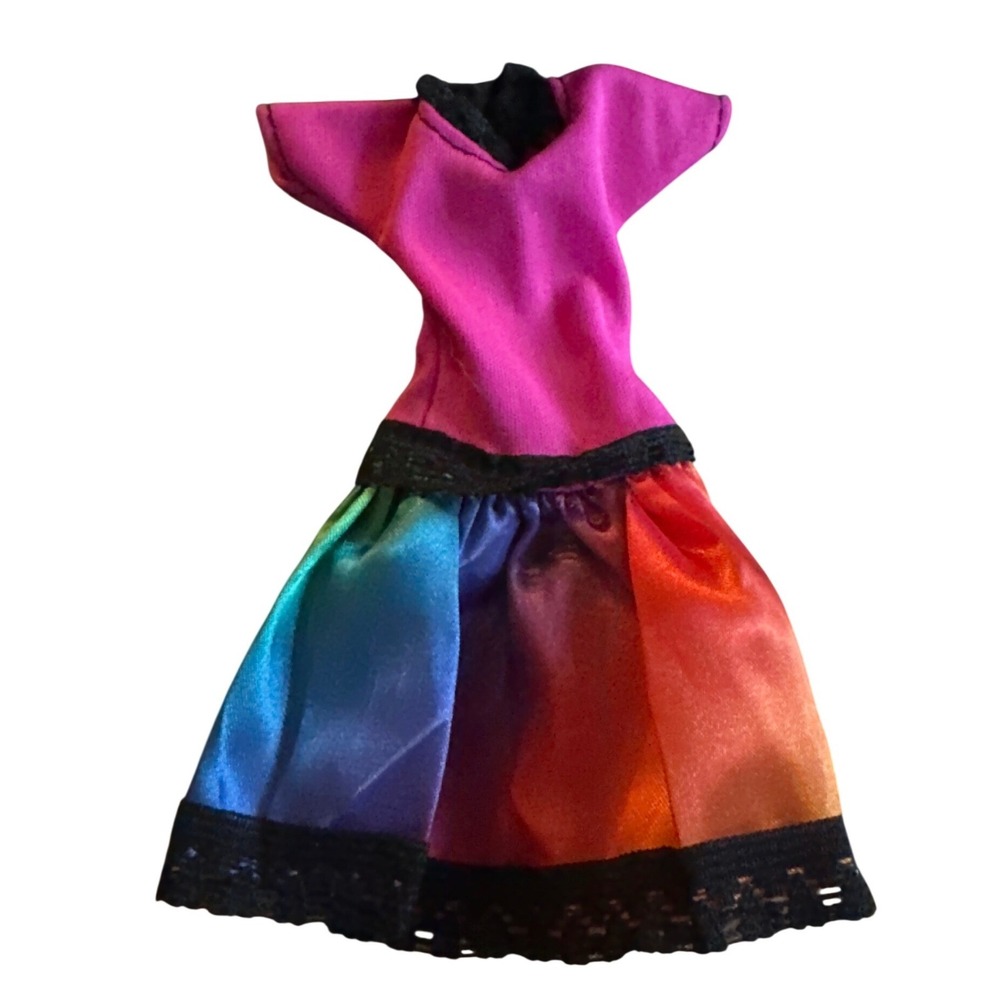 Vintage Fashion Doll Rainbow Satin Dress Pink Bodice Black Lace Trim 11.5 Inch